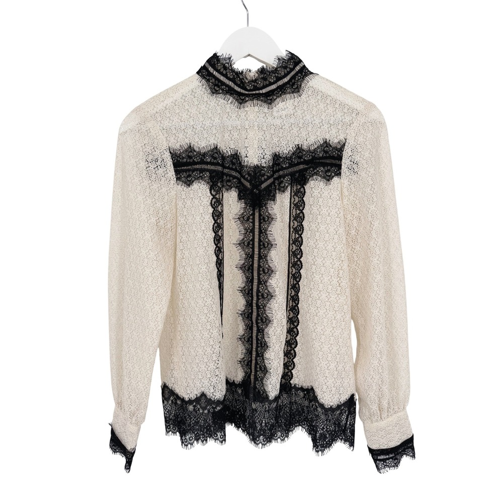 Anna Sui Ivory Lace Victorian Blouse Black Trim Size 2
